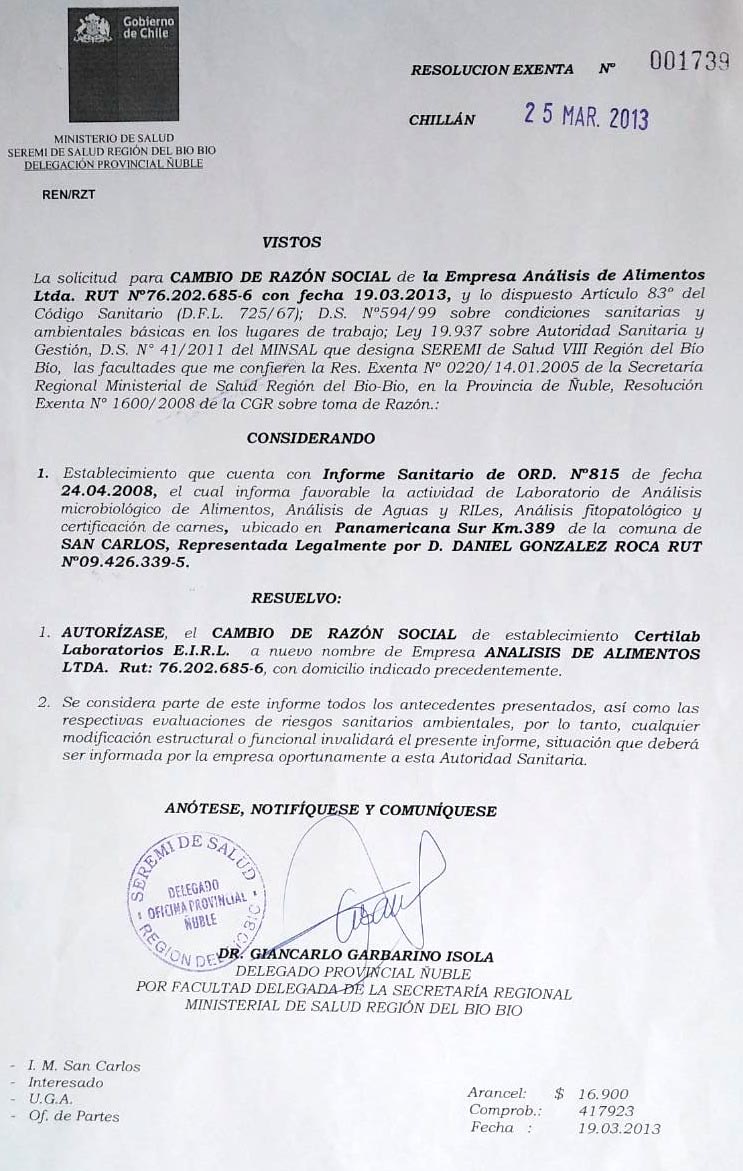 Acreditaciones Certilab Laboratorio minsal 001739